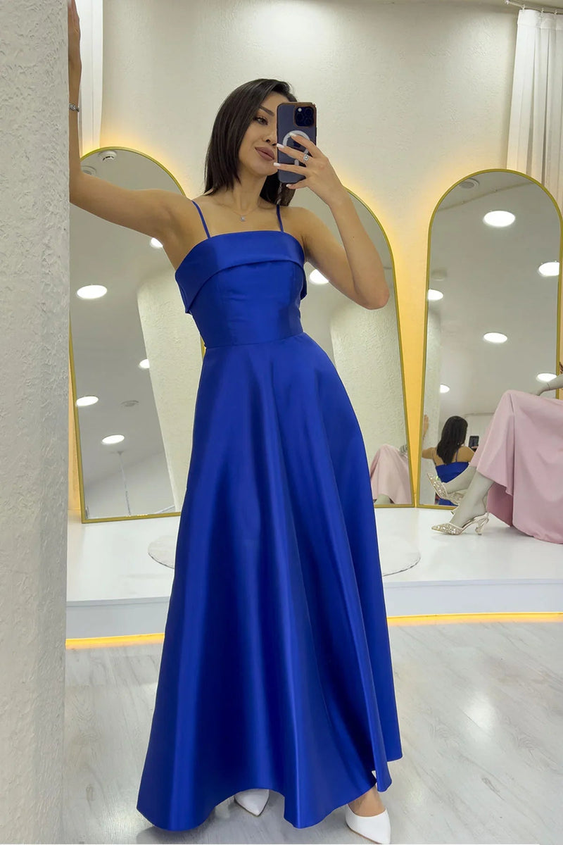 Women's Saxe Blue İnce Strap Cep Detail Evening Gown