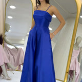 Saxe Blue Satin Midi Thin Strap Evening Dress
