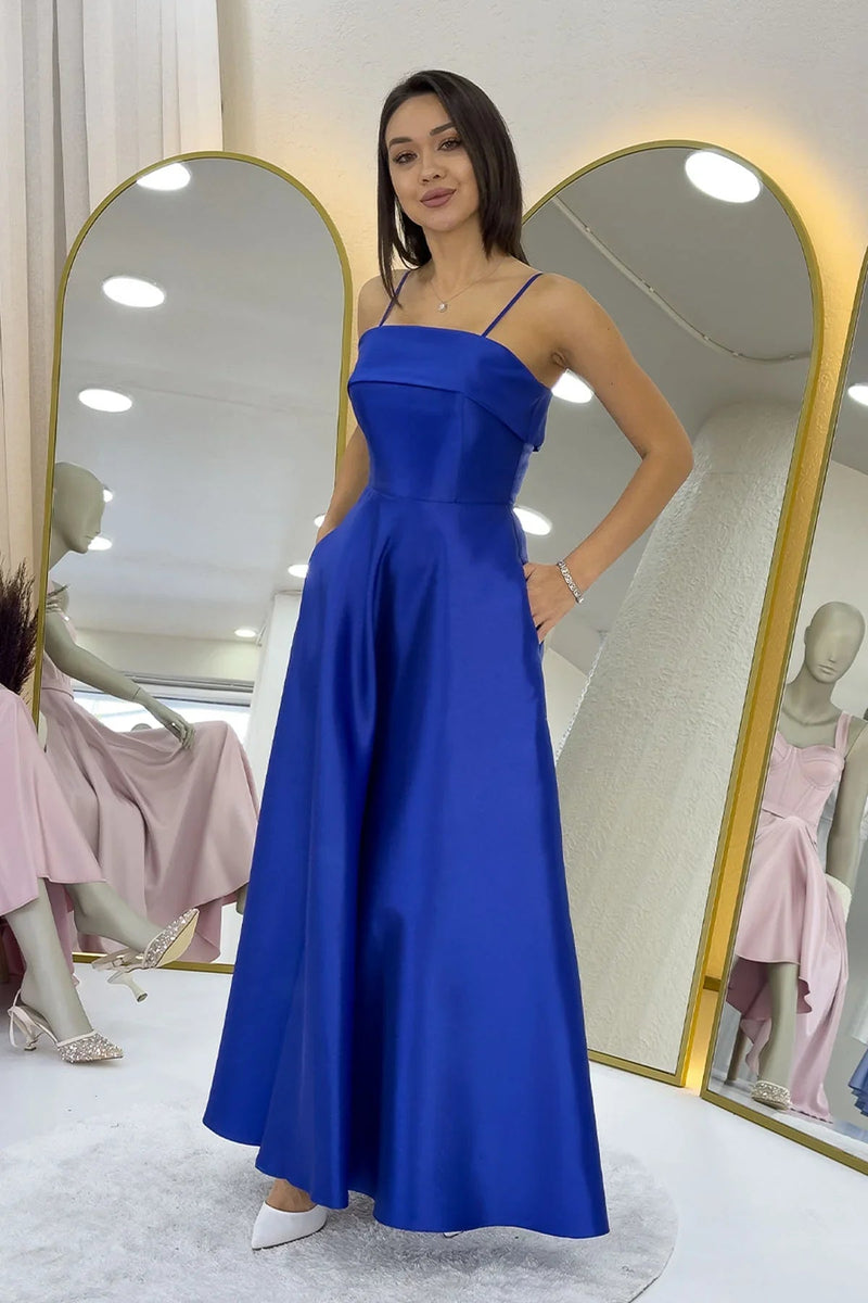 Women's Saxe Blue İnce Strap Cep Detail Evening Gown