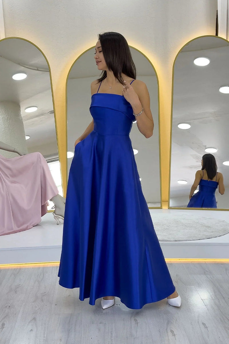 Women's Saxe Blue İnce Strap Cep Detail Evening Gown