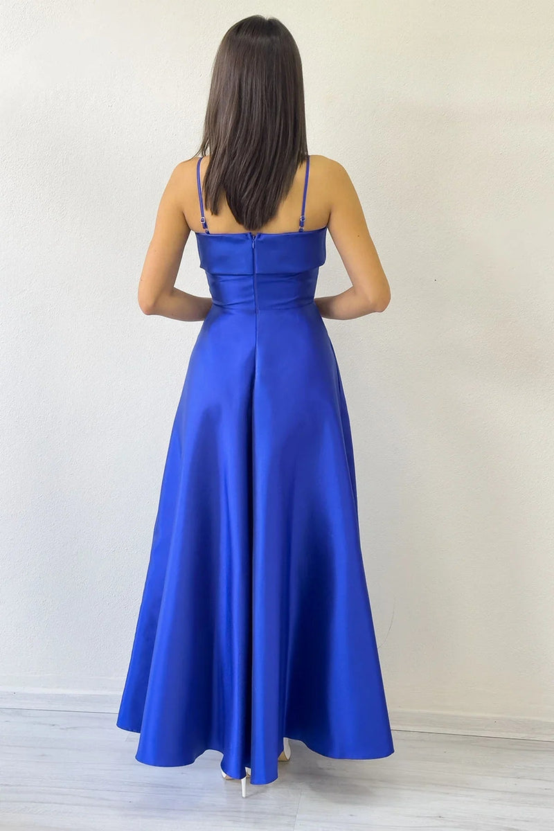 Women's Saxe Blue İnce Strap Cep Detail Evening Gown