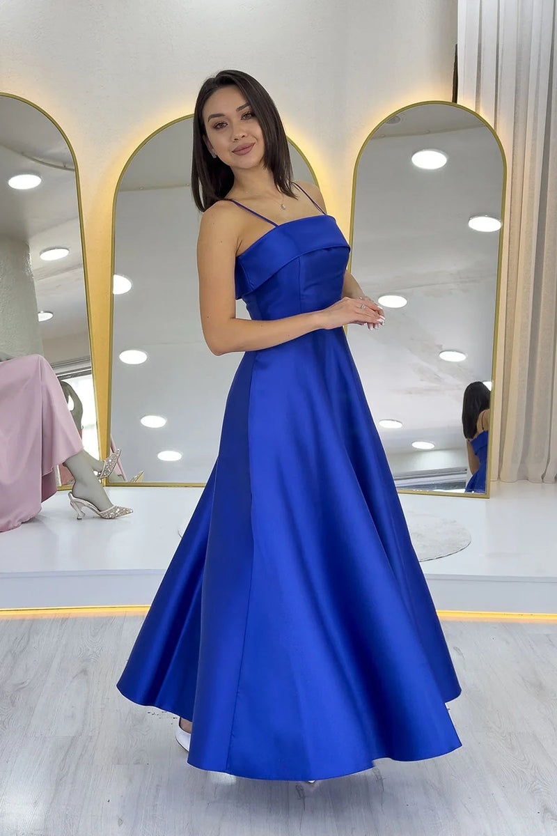 Women's Saxe Blue İnce Strap Cep Detail Evening Gown