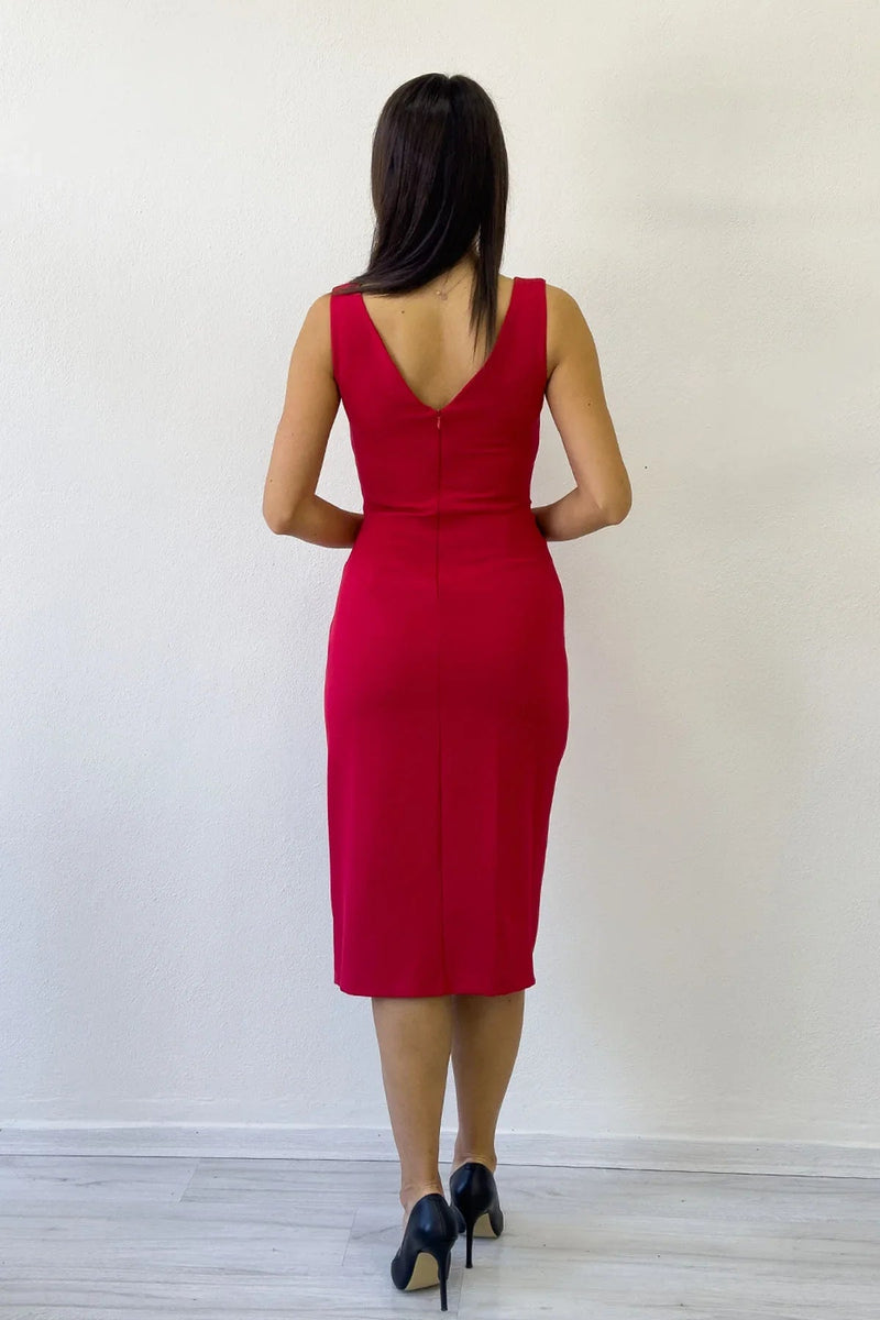 Women's Red V-Neck Midi Crystal Embellished Plus Size Evening Gown