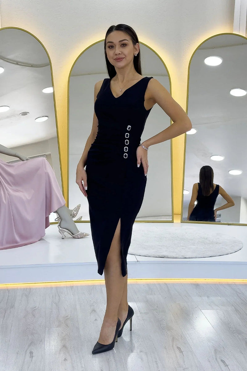 Women's Black V-Neck Midi Crystal Embellished Plus Size Evening Gown