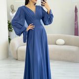 Indigo Long Sleeve Front Gathered Maxi Dress