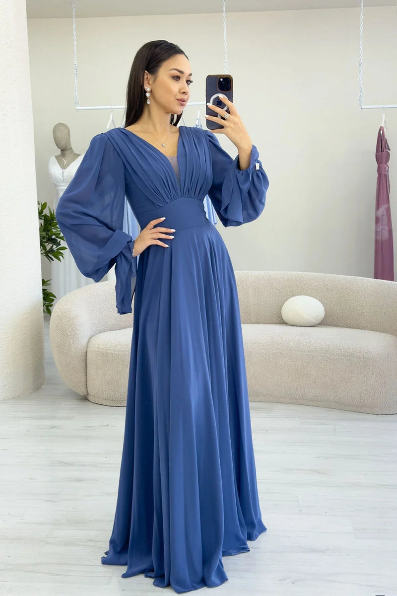 Women's Indigo Long Sleeve Ön Gathered Maxi Evening Gown