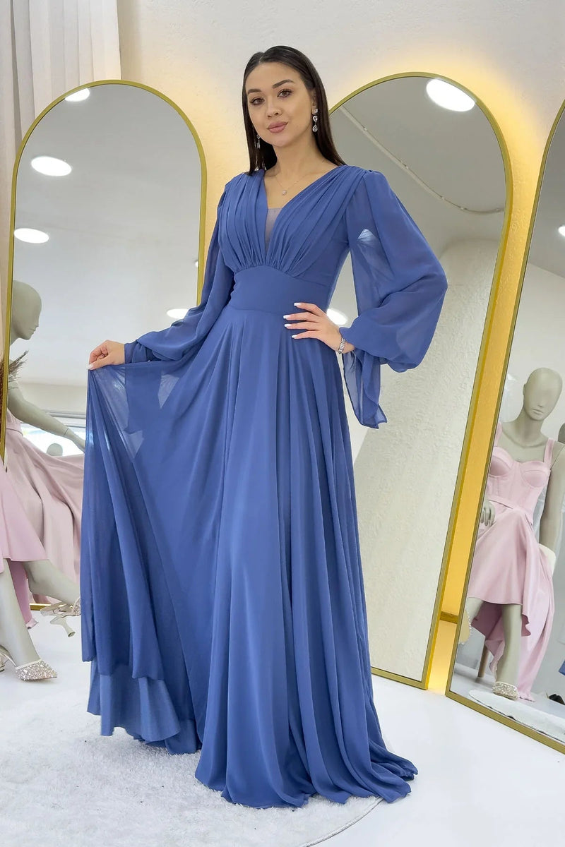 Women's Indigo Long Sleeve Ön Gathered Maxi Evening Gown