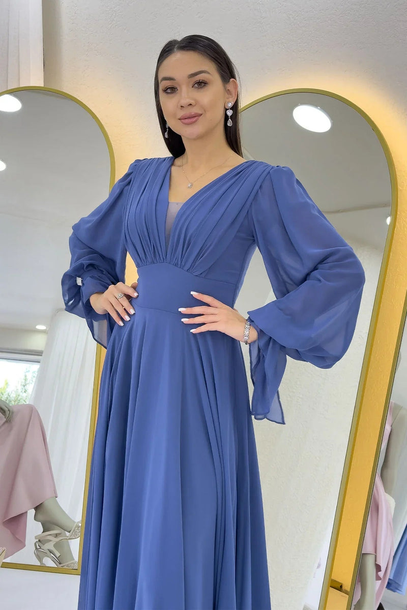 Women's Indigo Long Sleeve Ön Gathered Maxi Evening Gown