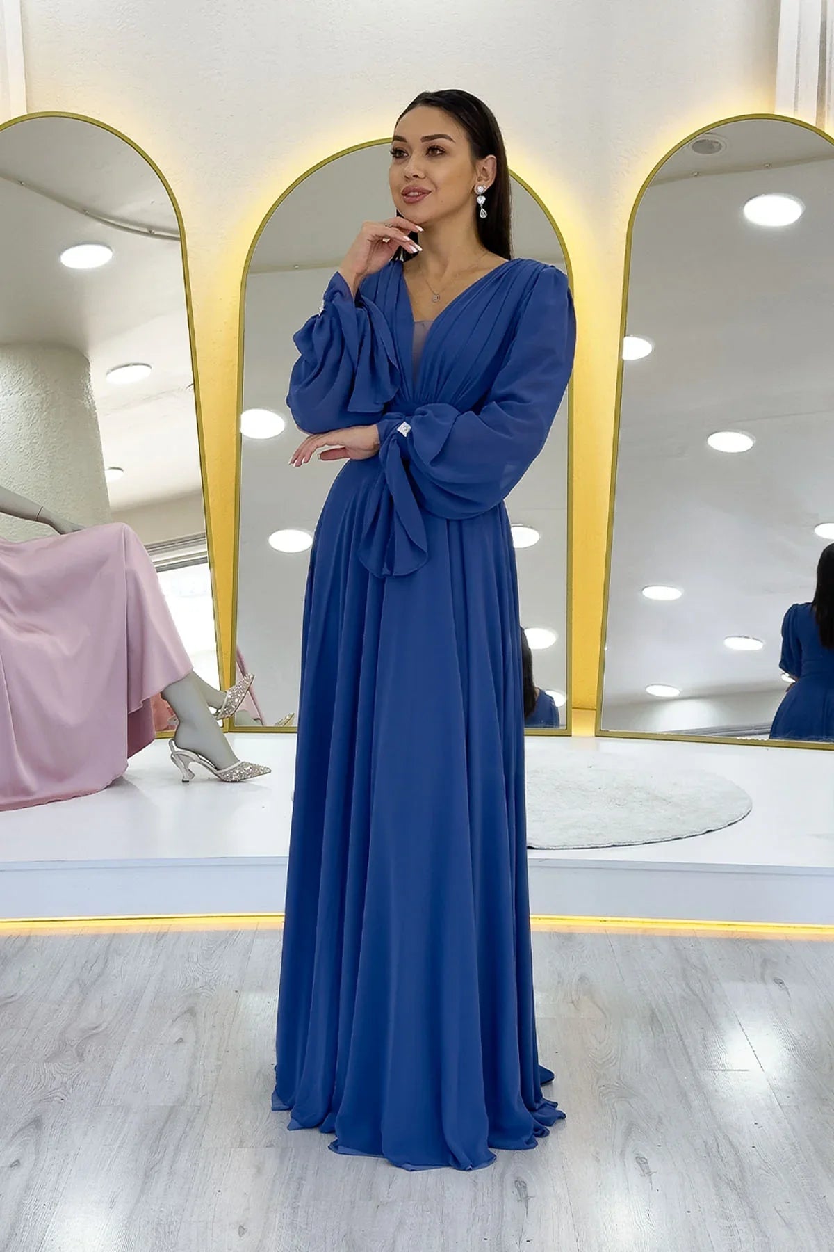 Women's Indigo Long Sleeve Ön Gathered Maxi Evening Gown