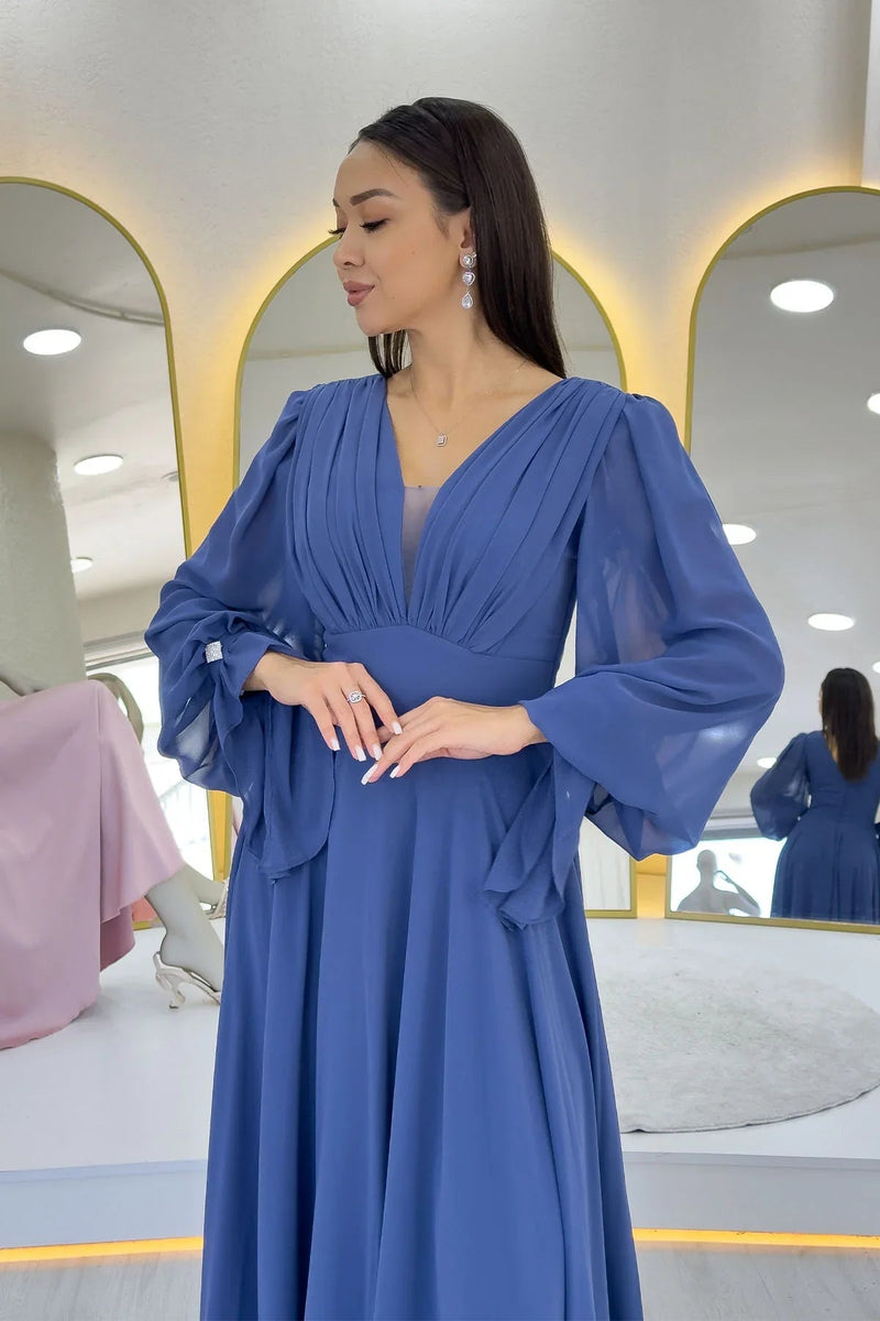Women's Indigo Long Sleeve Ön Gathered Maxi Evening Gown