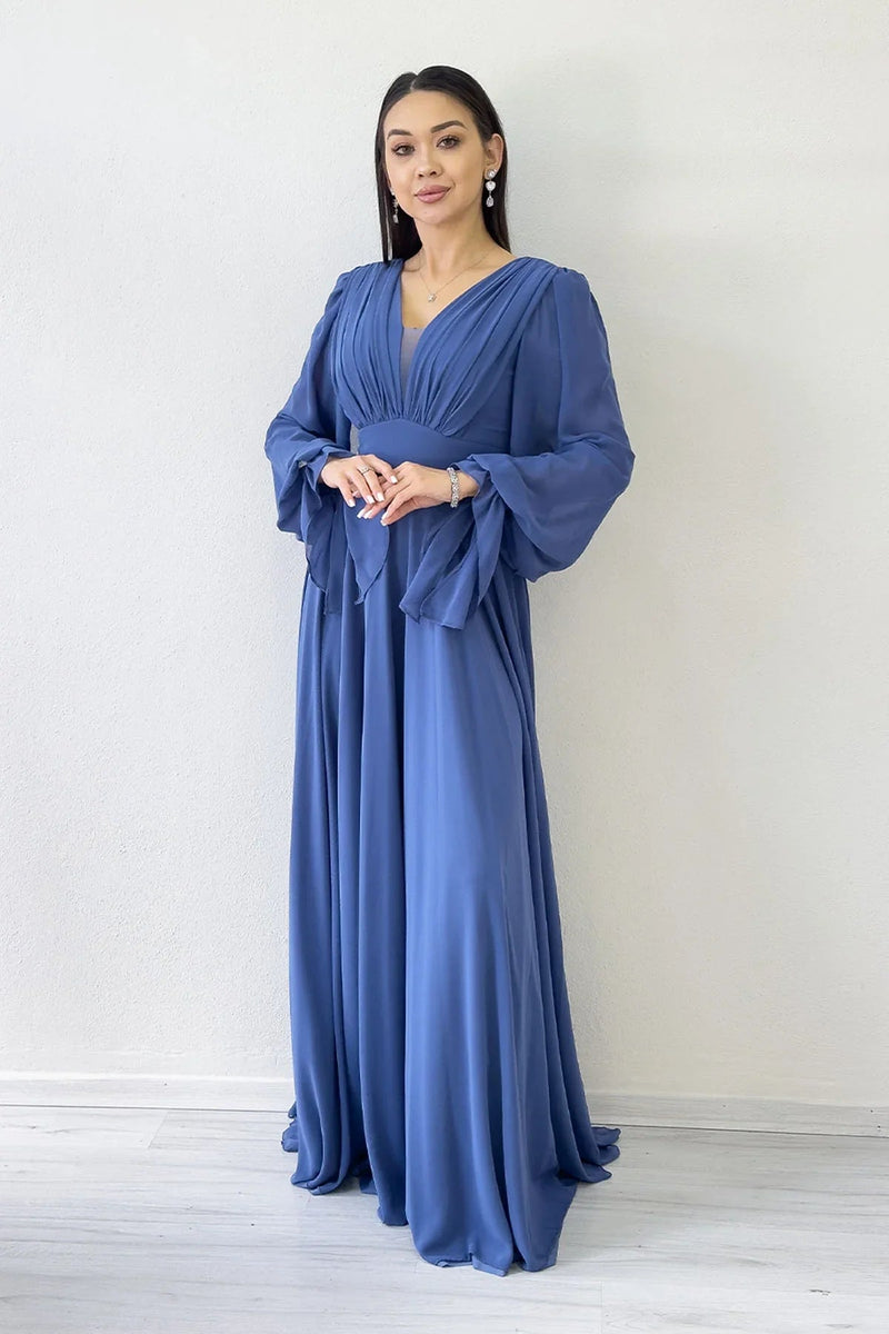 Women's Indigo Long Sleeve Ön Gathered Maxi Evening Gown