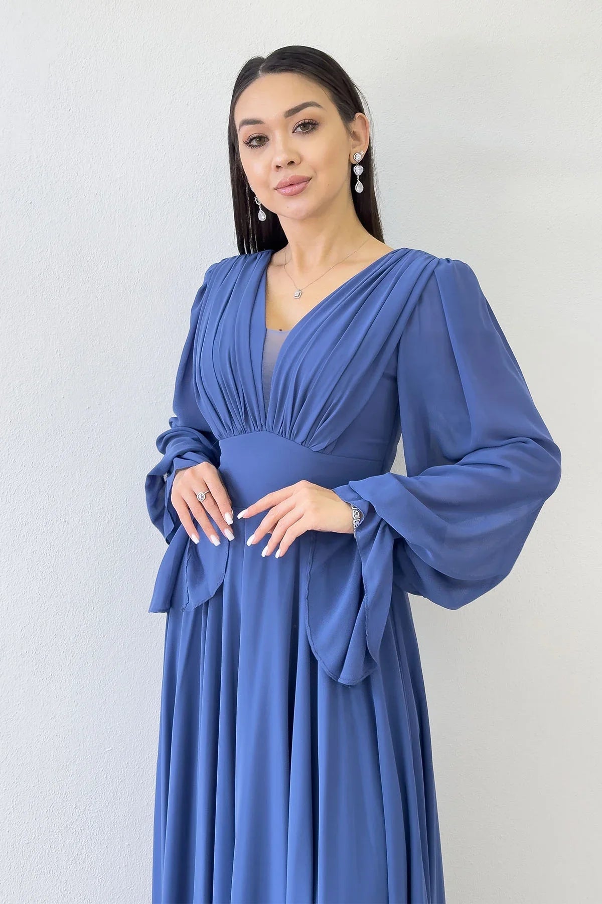 Women's Indigo Long Sleeve Ön Gathered Maxi Evening Gown