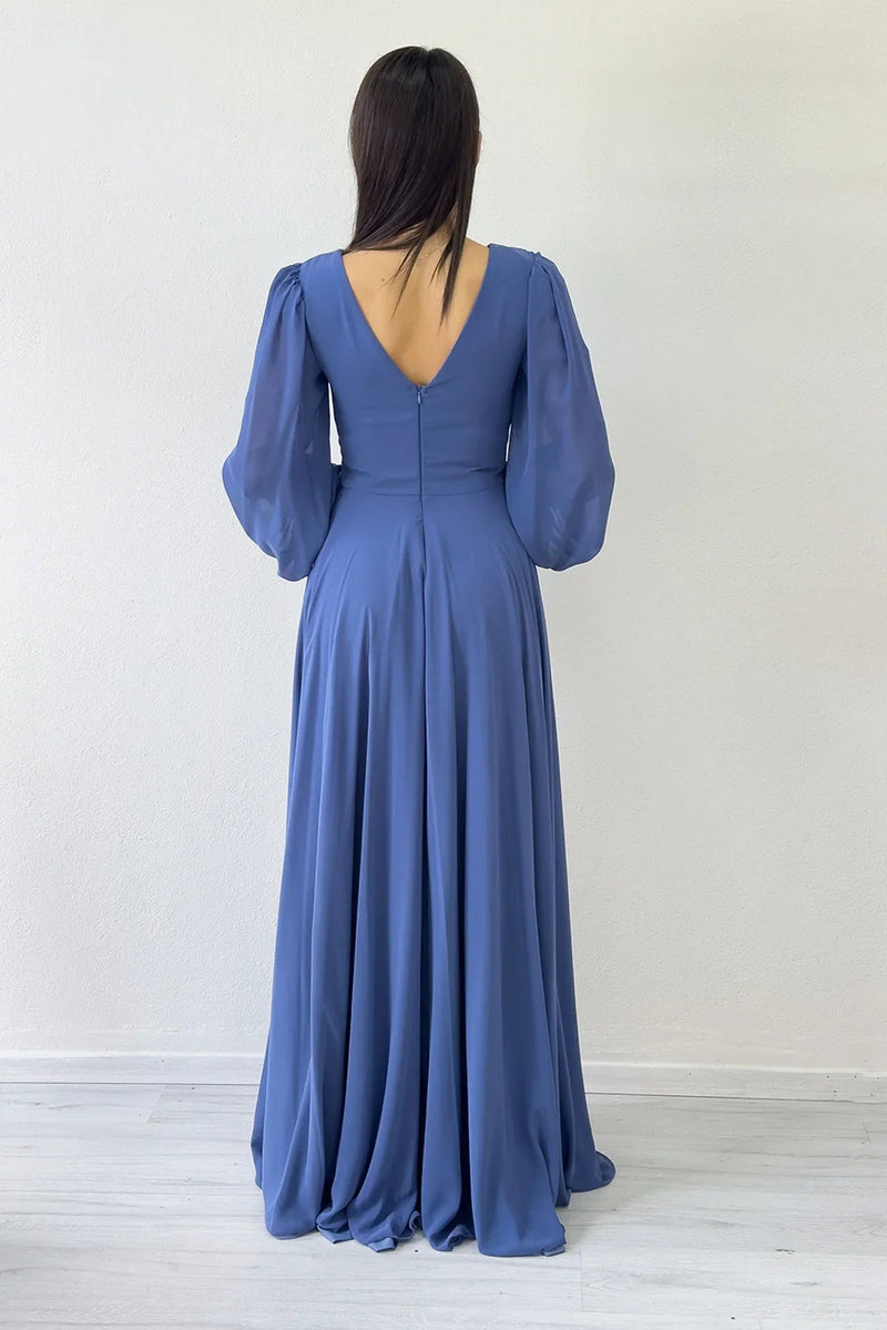 Women's Indigo Long Sleeve Ön Gathered Maxi Evening Gown