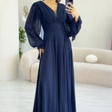 Navy Blue Long Sleeve Front Gathered Maxi Dress