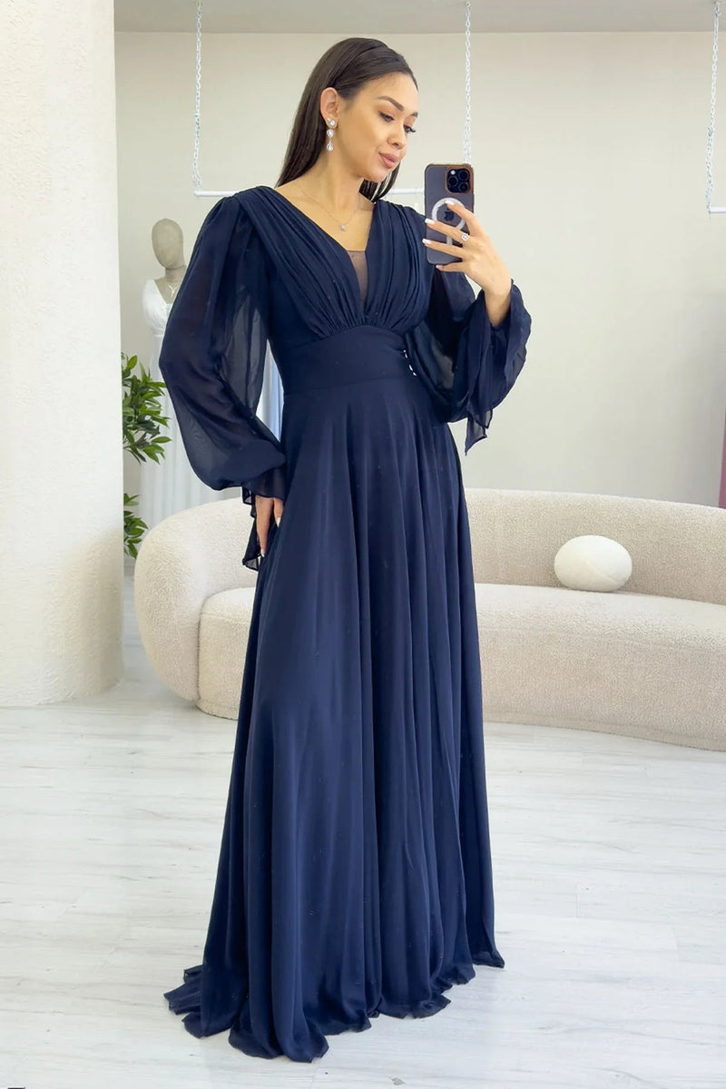 Women's Navy Blue Long Sleeve Ön Gathered Maxi Evening Gown