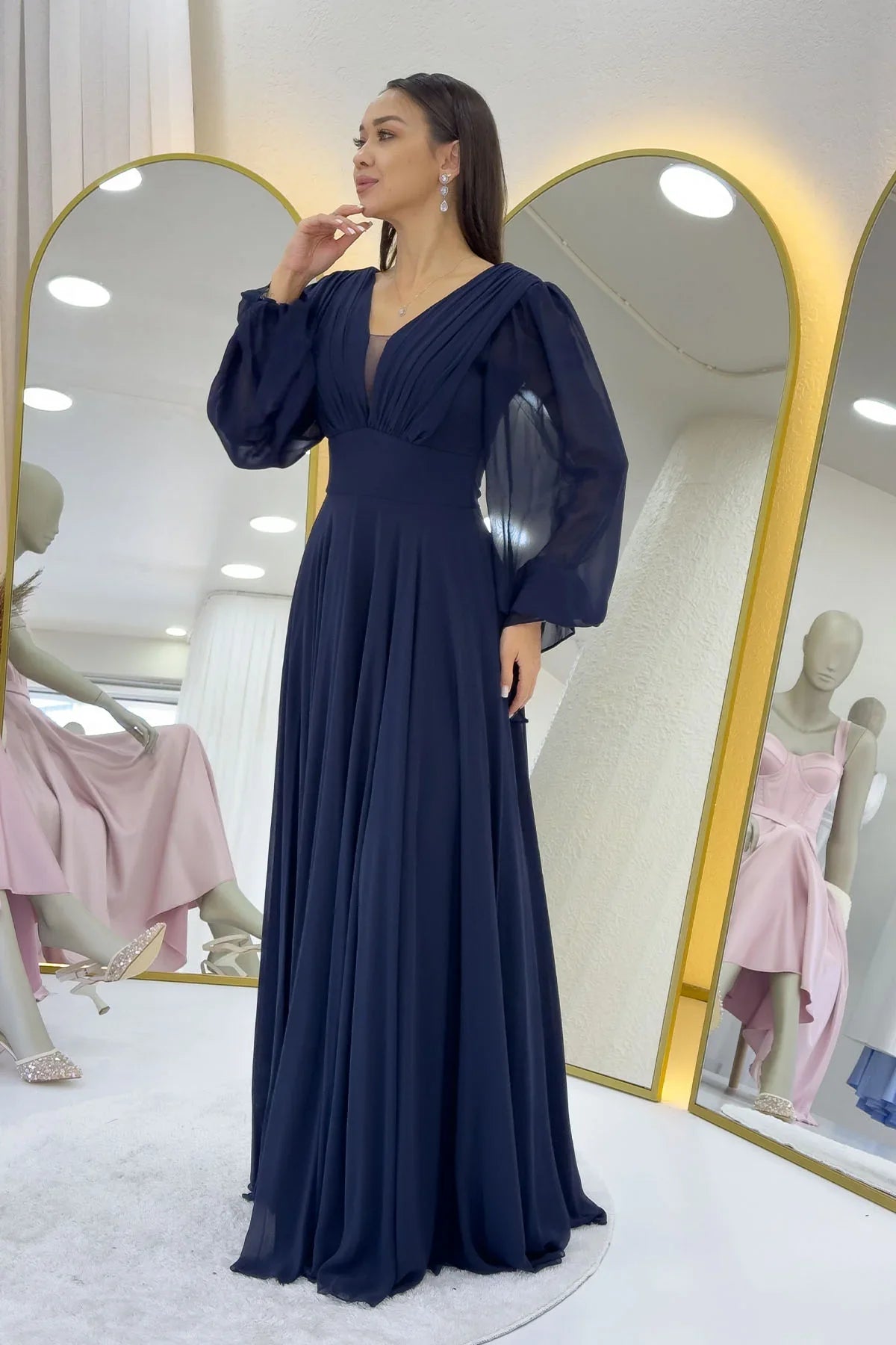 Women's Navy Blue Long Sleeve Ön Gathered Maxi Evening Gown