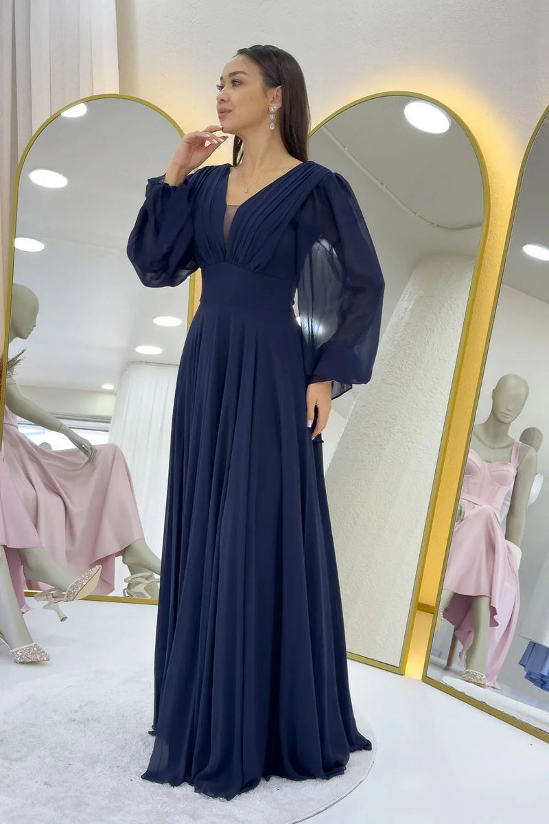 Women's Navy Blue Long Sleeve Ön Gathered Maxi Evening Gown