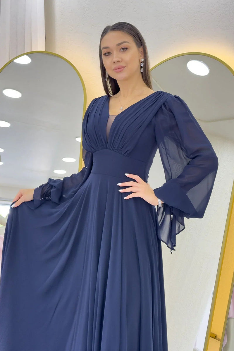 Women's Navy Blue Long Sleeve Ön Gathered Maxi Evening Gown