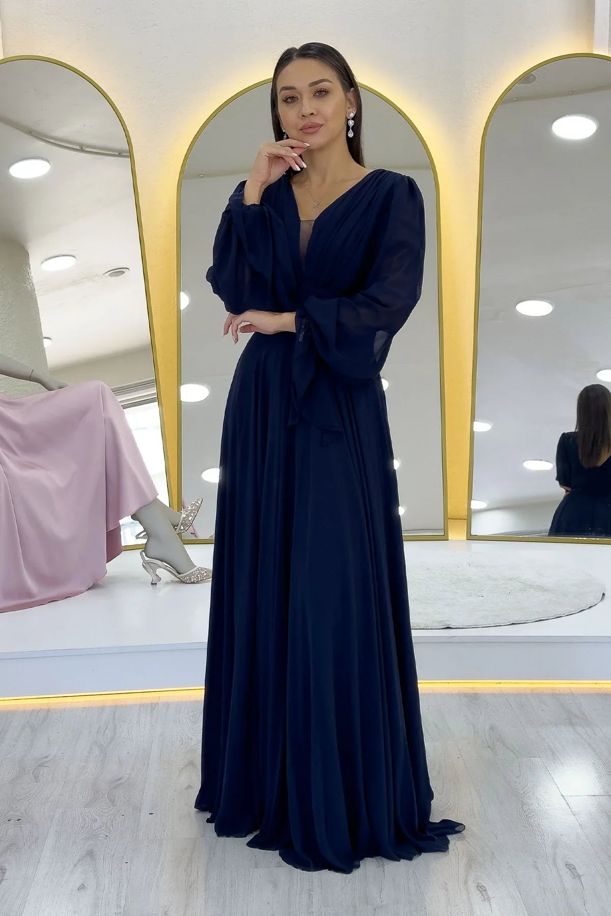 Women's Navy Blue Long Sleeve Ön Gathered Maxi Evening Gown