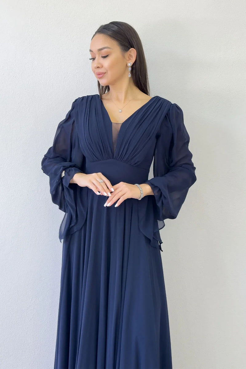 Women's Navy Blue Long Sleeve Ön Gathered Maxi Evening Gown