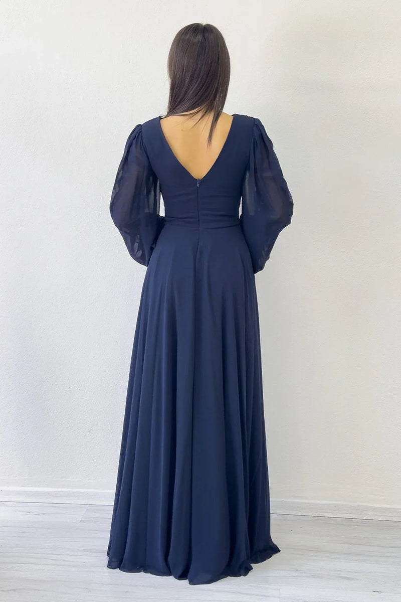 Women's Navy Blue Long Sleeve Ön Gathered Maxi Evening Gown