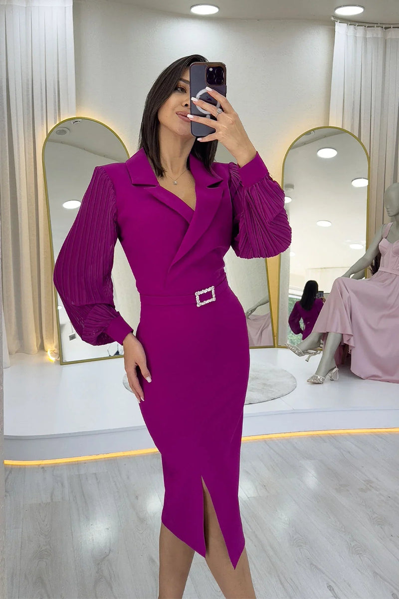 Women's Fuchsia Wrap Neck Belted Midi Pencil Dress