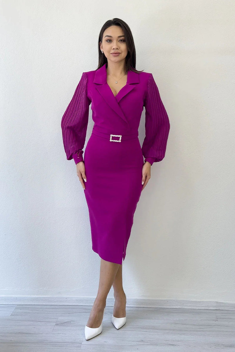 Women's Fuchsia Wrap Neck Belted Midi Pencil Dress