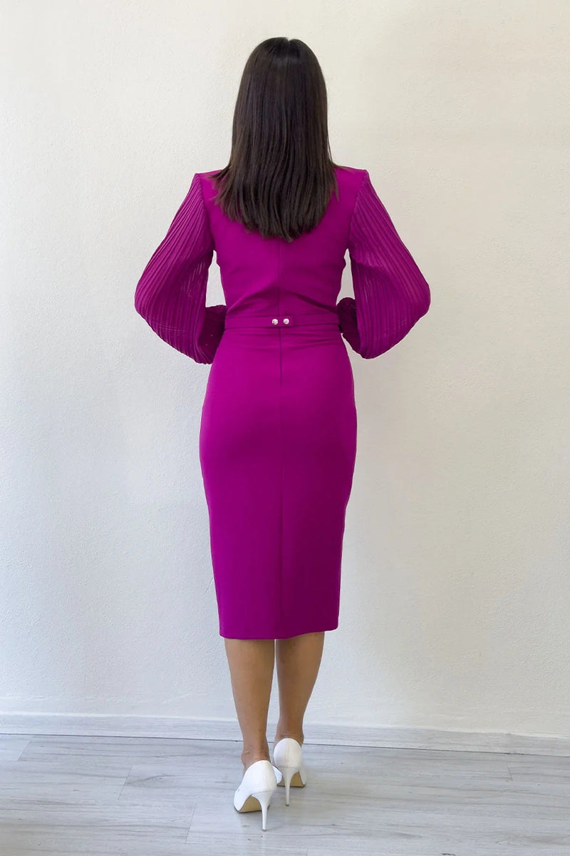 Women's Fuchsia Wrap Neck Belted Midi Pencil Dress