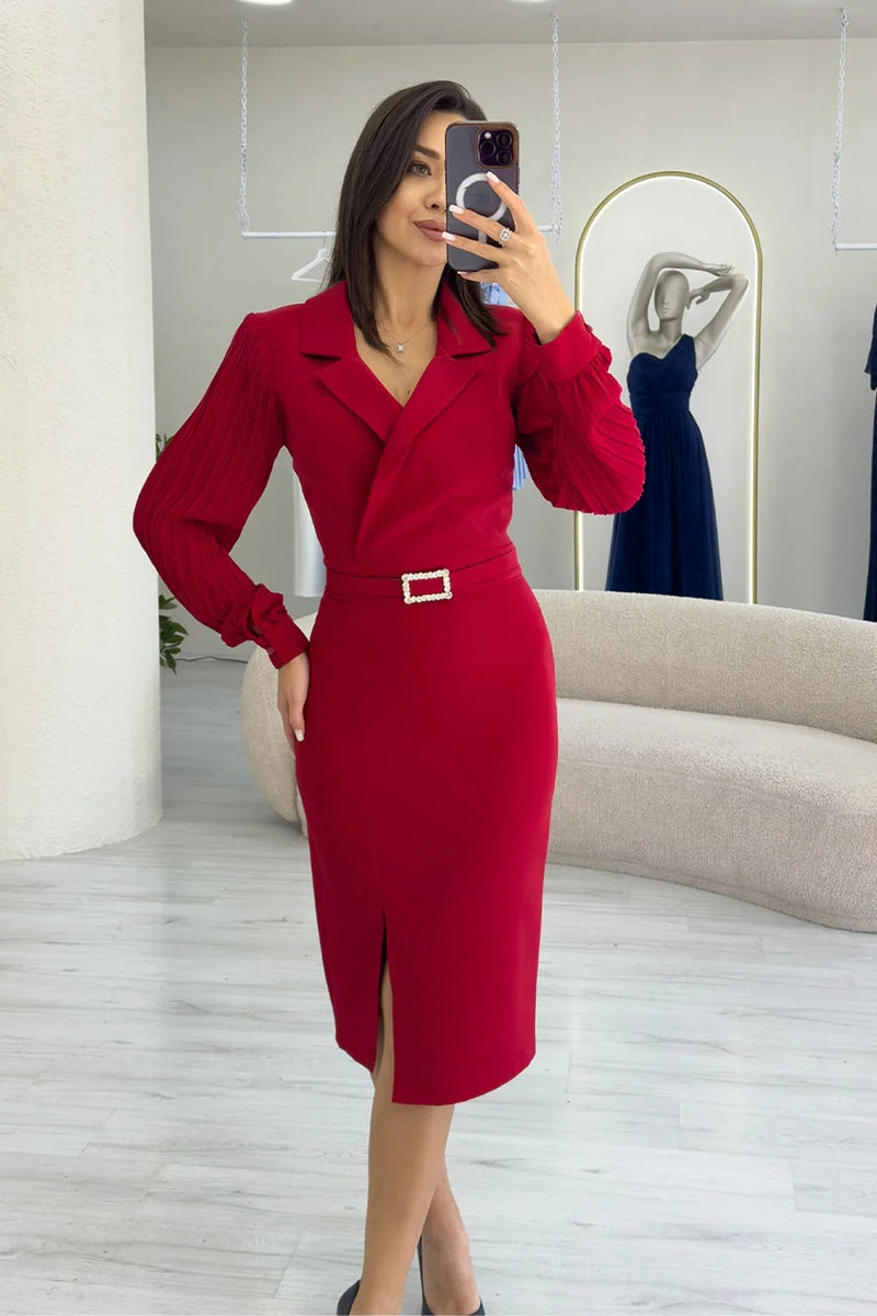 Women's Red Wrap Neck Belted Midi Pencil Dress