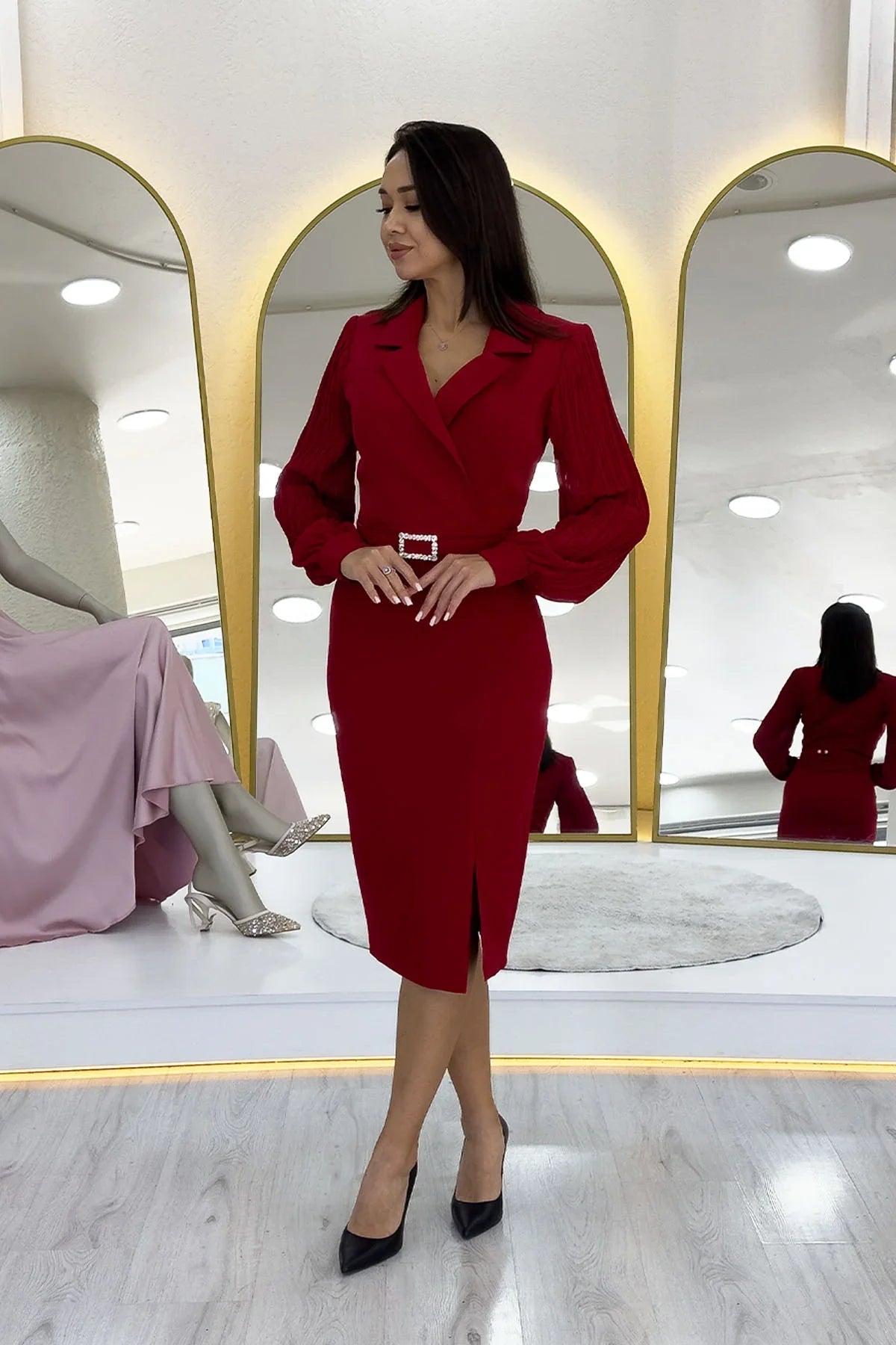 Women's Red Wrap Neck Belted Midi Pencil Dress