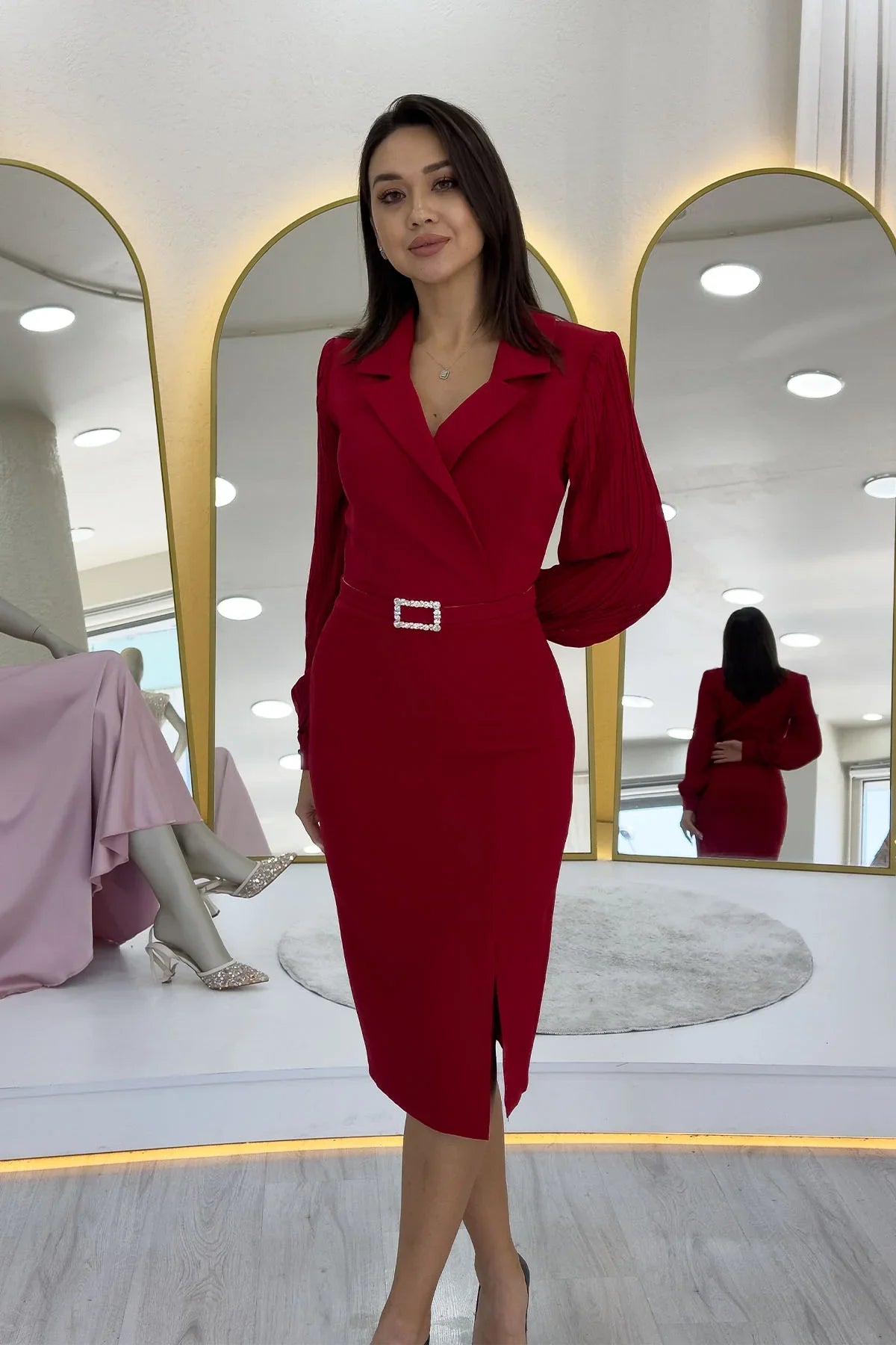 Women's Red Wrap Neck Belted Midi Pencil Dress