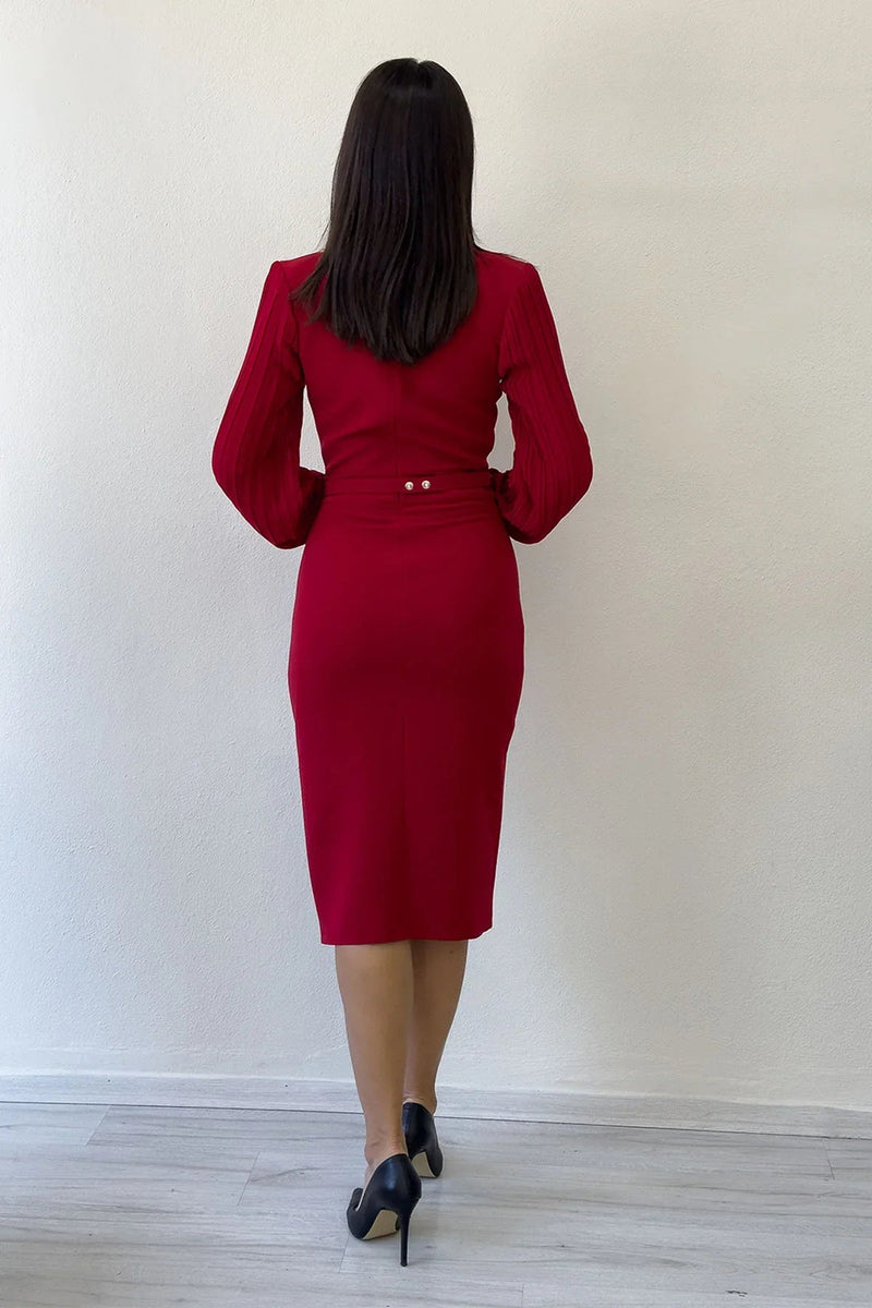 Women's Red Wrap Neck Belted Midi Pencil Dress