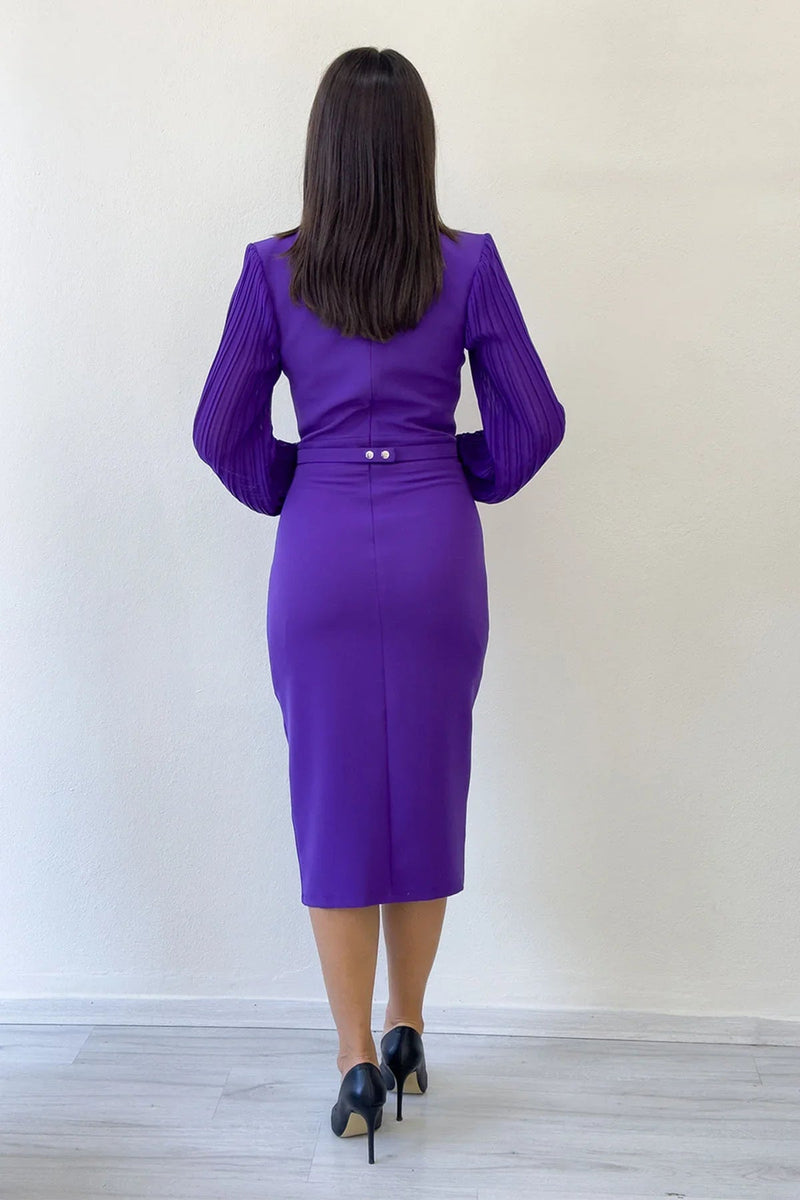 Women's Purple Wrap Neck Belted Midi Pencil Dress