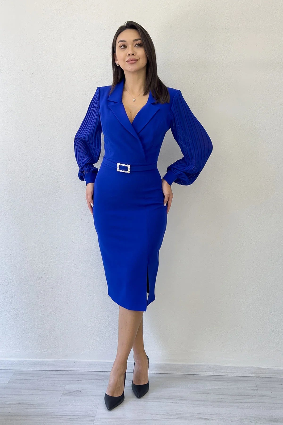 Women's Saxe Blue Wrap Neck Belted Midi Pencil Dress
