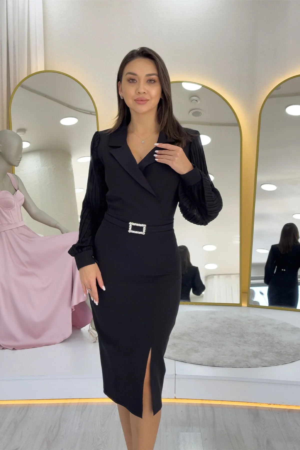 Women's Black Wrap Neck Belted Midi Pencil Dress