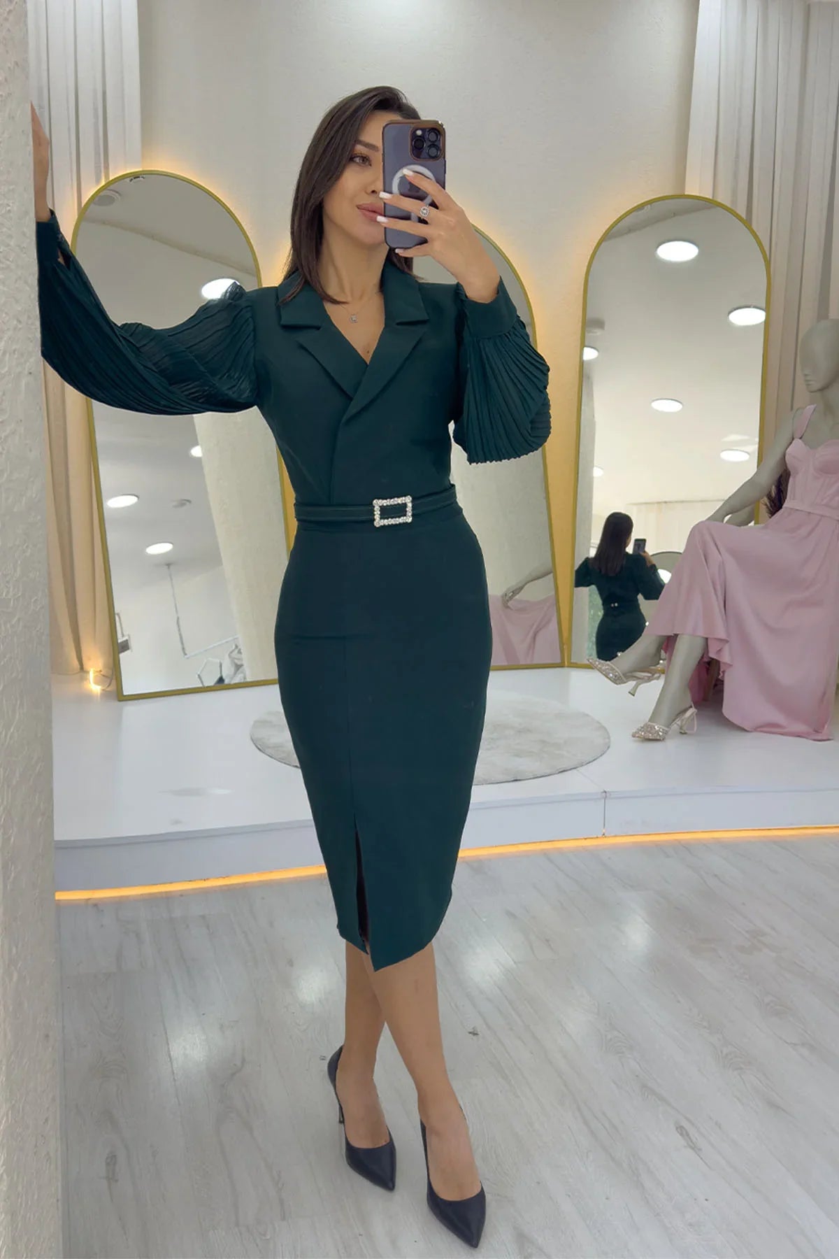 Women's Green Wrap Neck Belted Midi Pencil Dress