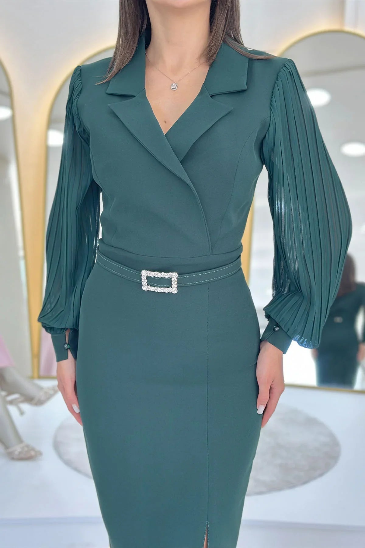 Women's Green Wrap Neck Belted Midi Pencil Dress