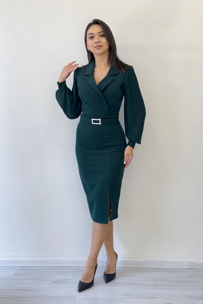 Women's Green Wrap Neck Belted Midi Pencil Dress