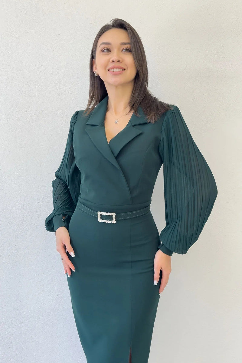 Women's Green Wrap Neck Belted Midi Pencil Dress