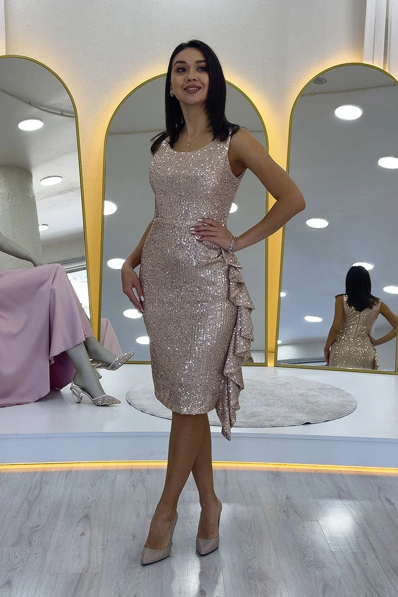 Women's Beige Sequin Thick Strap Midi FırFır Detail Evening Gown