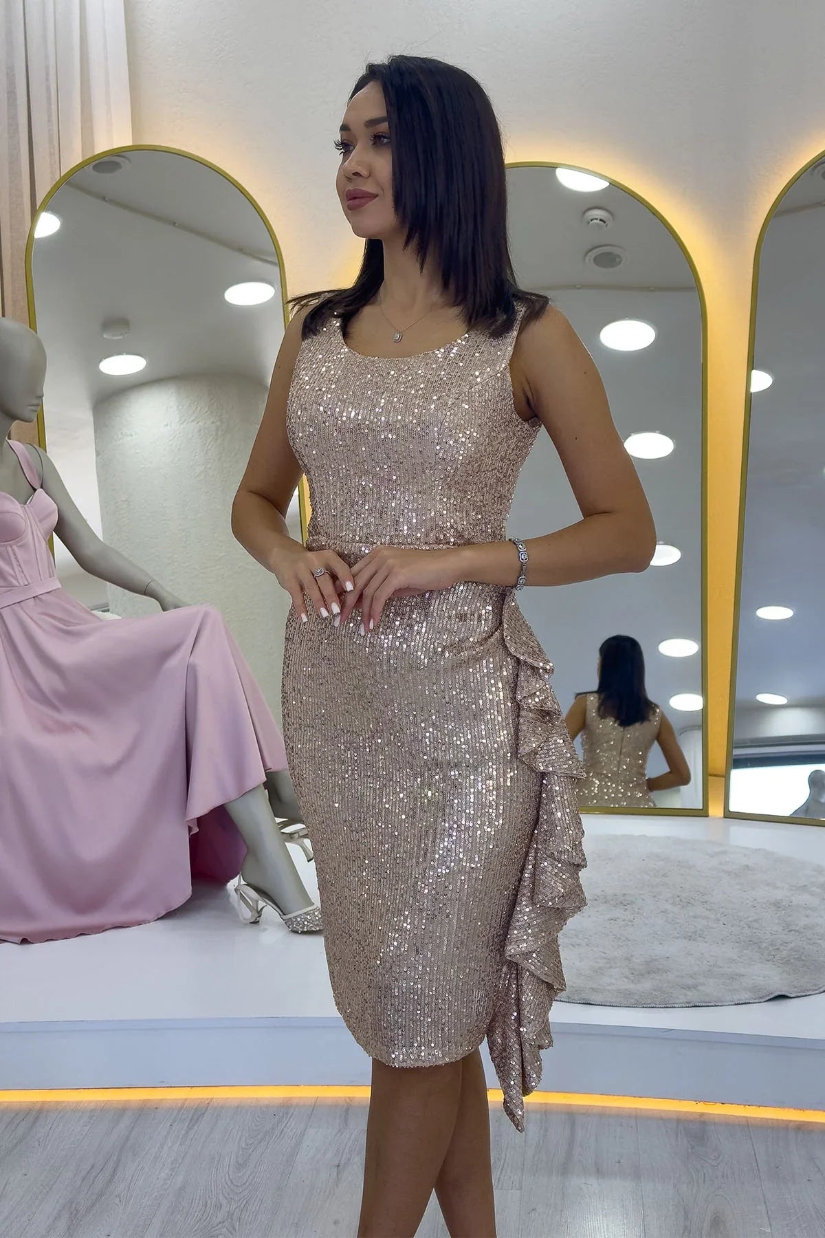 Women's Beige Sequin Thick Strap Midi FırFır Detail Evening Gown