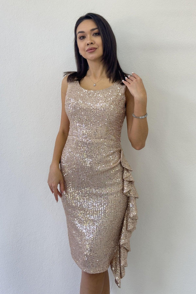 Women's Beige Sequin Thick Strap Midi FırFır Detail Evening Gown