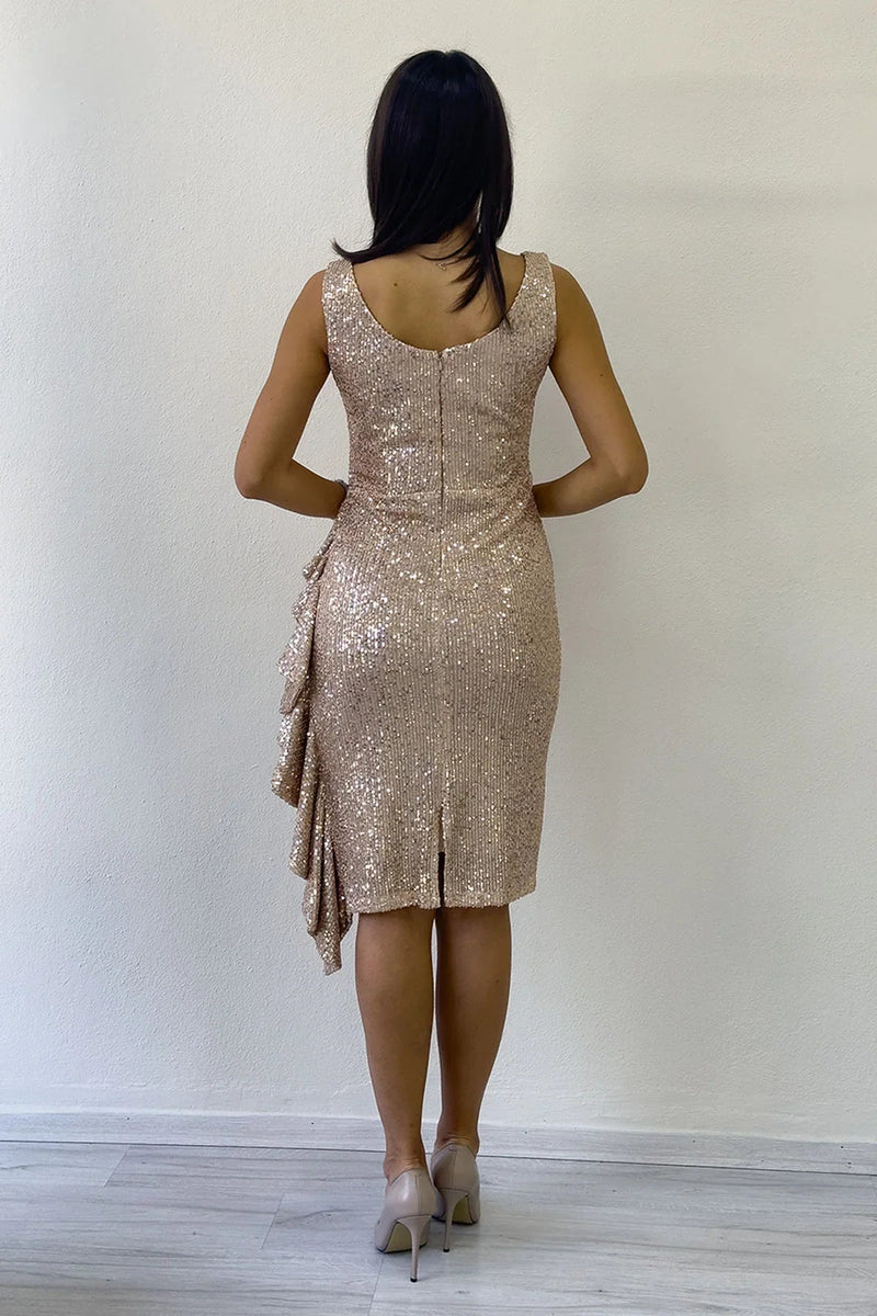 Women's Beige Sequin Thick Strap Midi FırFır Detail Evening Gown