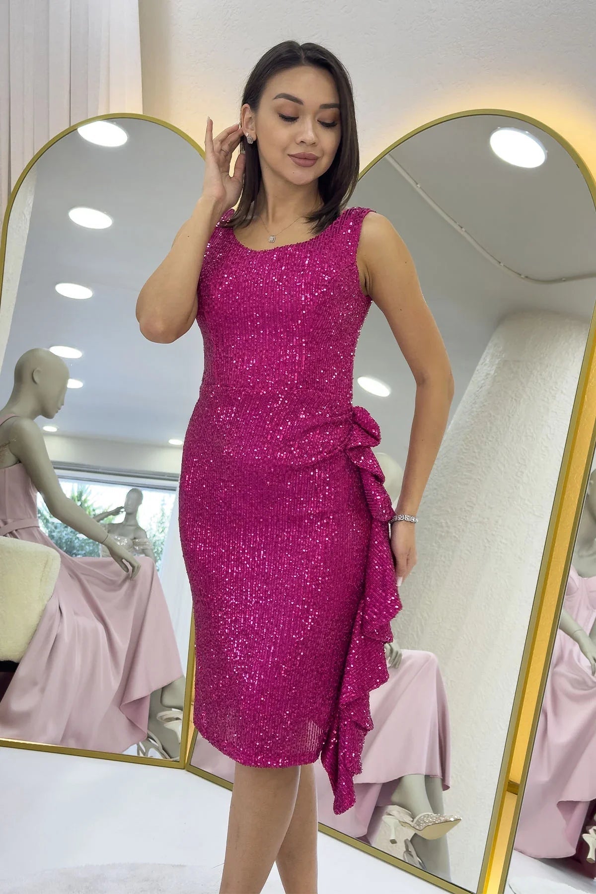Women's Fuchsia Sequin Thick Strap Midi FırFır Detail Evening Gown