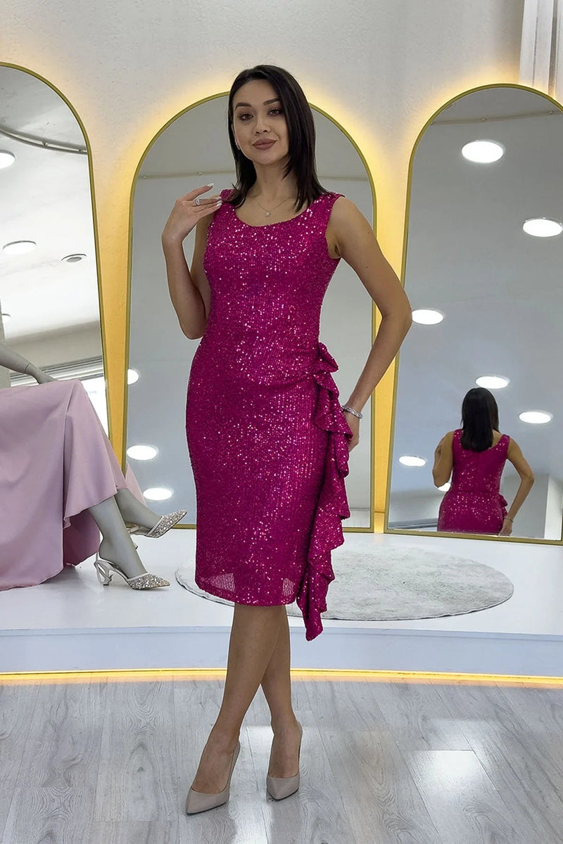Women's Fuchsia Sequin Thick Strap Midi FırFır Detail Evening Gown