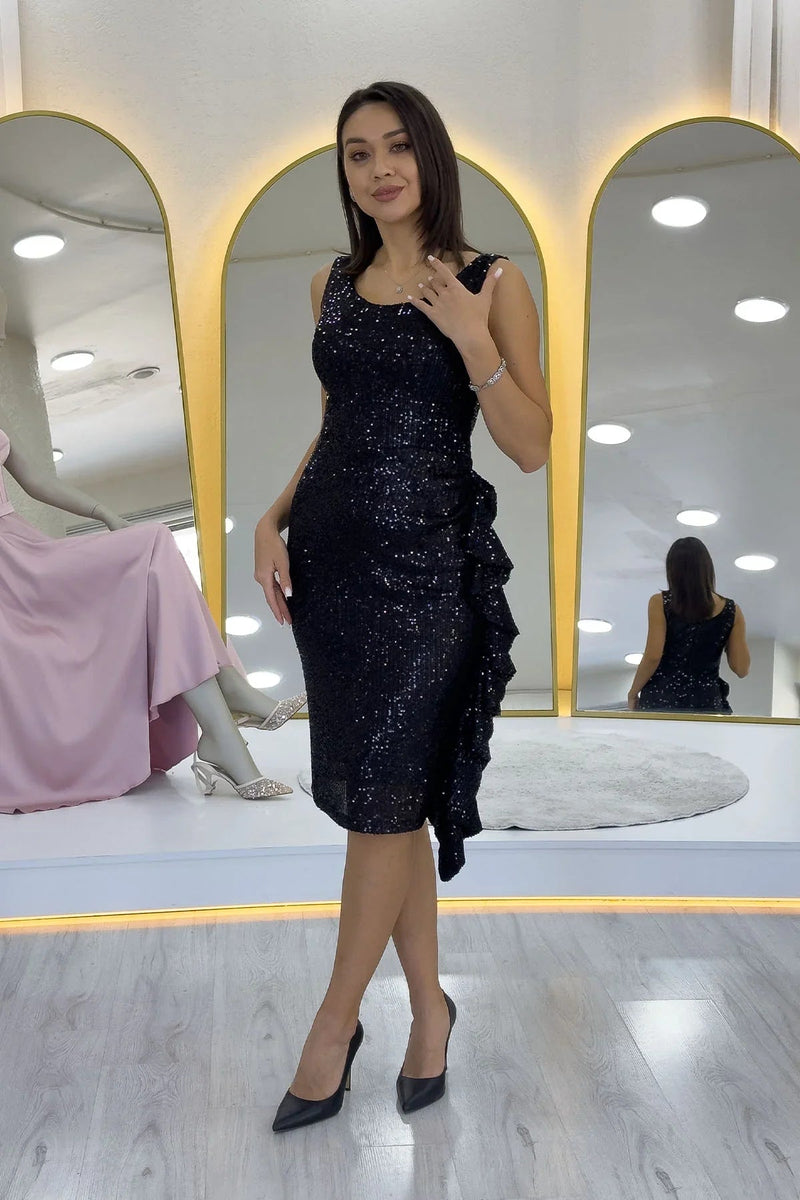 Women's Black Sequin Thick Strap Midi FırFır Detail Evening Gown