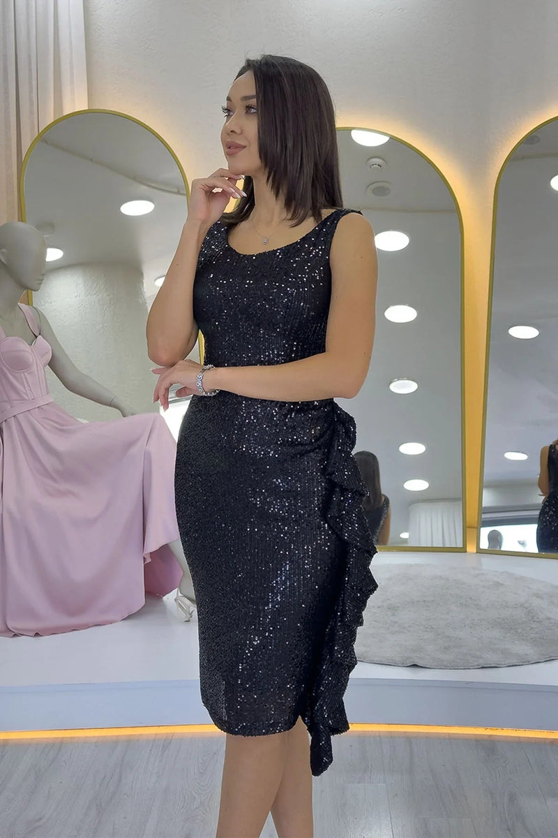 Women's Black Sequin Thick Strap Midi FırFır Detail Evening Gown