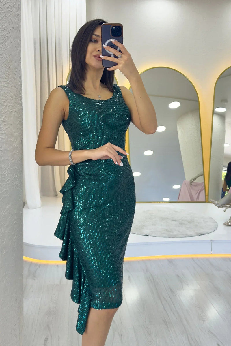 Women's Green Sequin Thick Strap Midi FırFır Detail Evening Gown