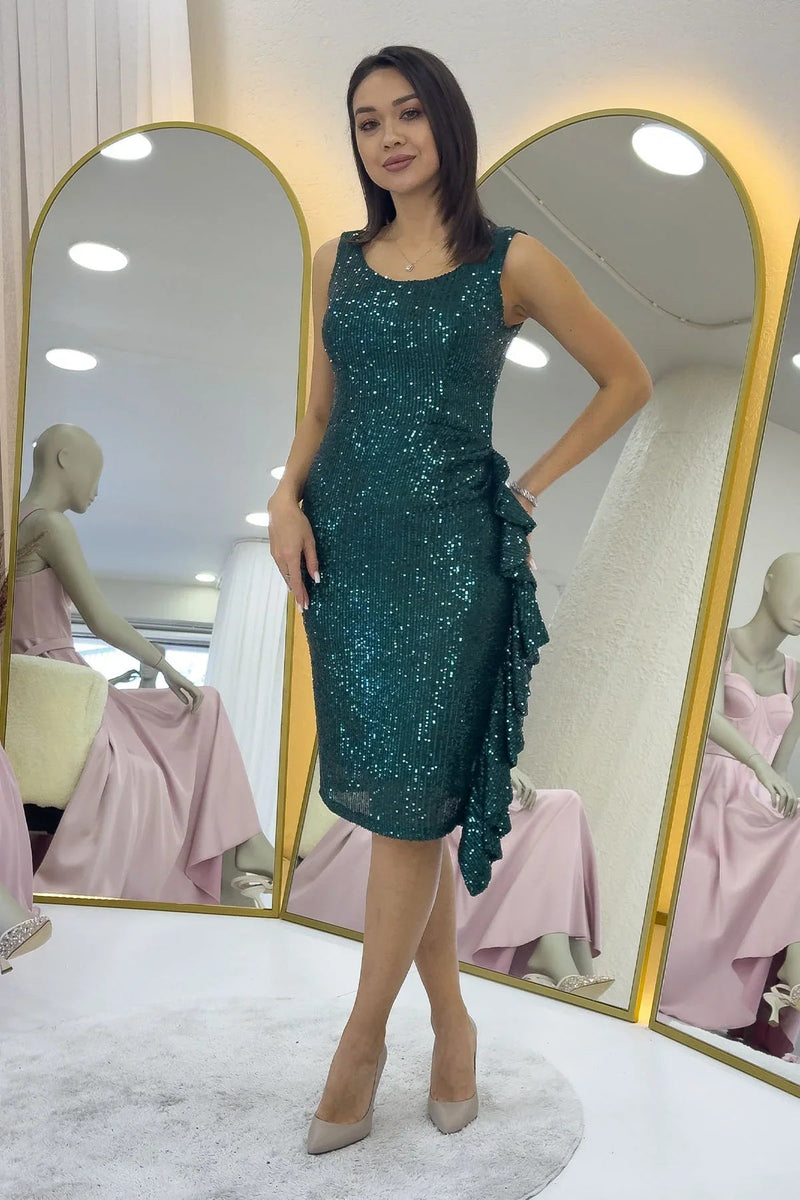 Women's Green Sequin Thick Strap Midi FırFır Detail Evening Gown