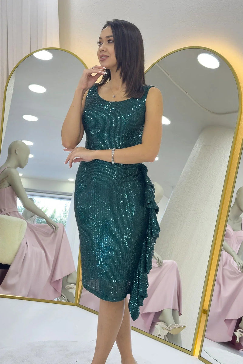 Women's Green Sequin Thick Strap Midi FırFır Detail Evening Gown